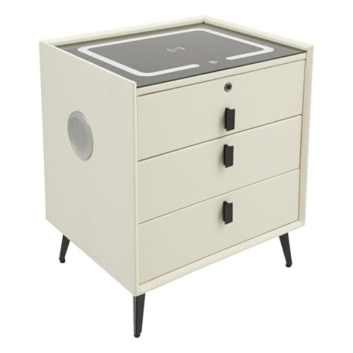 YOICUATGNA Dormitorio Mesita de noche inteligente con 3 cajones, USB, luz tricolor, carga inalámbrica y bloqueo de huellas, mesa auxiliar con altavoz Bluetooth (beige blanco)