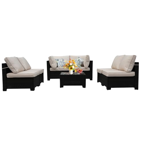 Ophelian MLY 07-BROWN-BEIGE 7 Pieces Outdoor Sectional Rattan Wicker Patio Furniture Set Conversation Sets cover