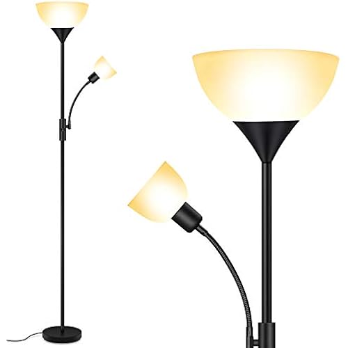 Floor Lamp, Standing Lamp, 71" Torchiere Floor Lamp with Adjustable Reading Lamp, Tall Pole Lamps, 3 Way Switch, Plastic Lampshade, Corner Floor Lamps for Living Room, Bedroom(E26 Base, No Bulb)-Black