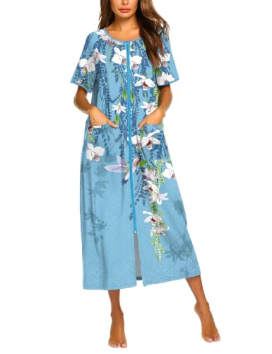 Image of Ekouaer Women Robe Zipper Short Sleeves Full Length House Coat with Pockets
