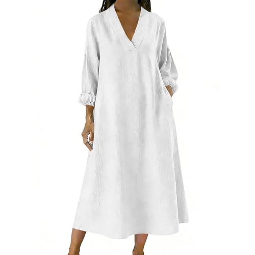 Image of Generisch Women's Casual Summer Dress with Pocket Plain Stand-Up Collar with Tie Band Cuffs Three-Quarter Sleeve Loose Fit Tunic for Women Everyday Holiday, White, L