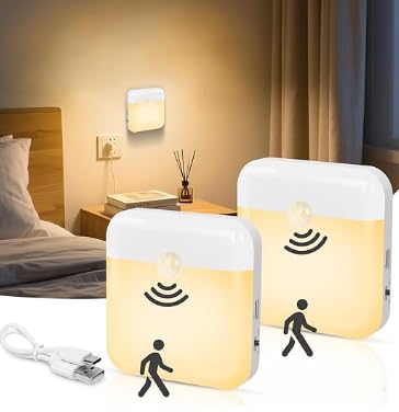 2 Piece Set of Motion Sensor Night Light USB Rechargeable Magnetic LED Light with Warm White Glow Automatic On Off Suitable for Bathroom Bedroom Corridor