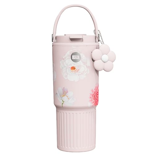 Quxxuol タンブラー 水筒 ウォーターボトル マグボトル サーモス水筒 710ml大容量 真空断熱 広口 蓋付き ストロー付き 密閉性が良い 漏れ防止 ポータブル 誕生日プレゼント (ピンク,セラミック)