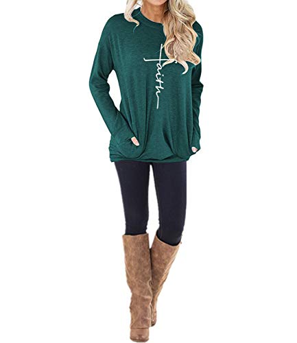 ZILIN Women's Casual Letter Print Crewneck T-Shirt Long Sleeve Tunic Tops Sweatshirt With Pockets (Green, Large)
