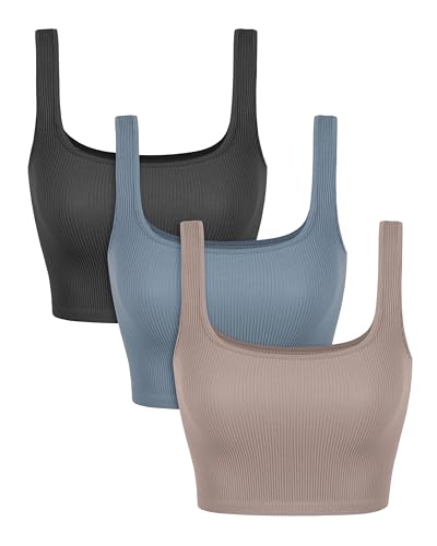 Image of ODODOS 3-Pack Seamless Square Neck Crop Tank for Women Ribbed Knit Soft Low Back Cropped Tops