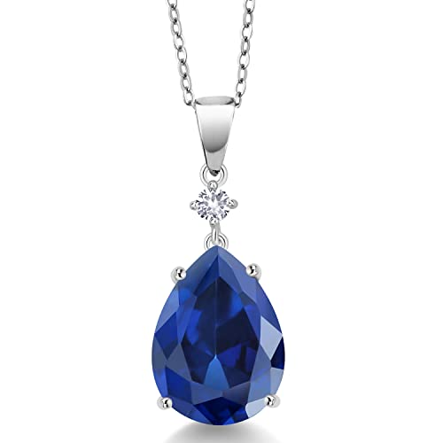Gem Stone King 10.33 Cttw Blue Simulated Sapphire and White Created Sapphire Pendant Necklace For Women | 925 Sterling Silver | Pear Shape 16X12MM | With 18 Inch Chain