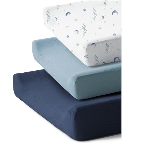 Coreeky 3 Pack Muslin Cotton Changing Pad Covers for Girl, Boy, 100% Soft Changing Table Cover, Breathable Baby Nursery Diaper Chang Pad Sheets...
