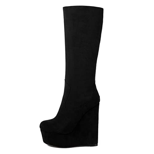 AMBELIGHT Womens Suede Party Platform Knee High Round Toe Zip Fashion Wedge High Heel Mid Calf Boots 6 Inch2