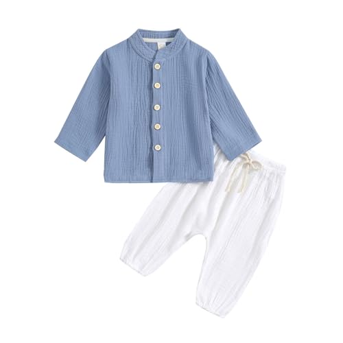 Sommer Baumwolle Leinen Kleidung Set Baby Jungen Musselin Einfarbige Bekleidungssets Mädchen Weiche Lässig Outfit Kinder Babykleidung Zweiteiler Langarm Cardigan und Lang Hose (Blue, 4-5 Years)