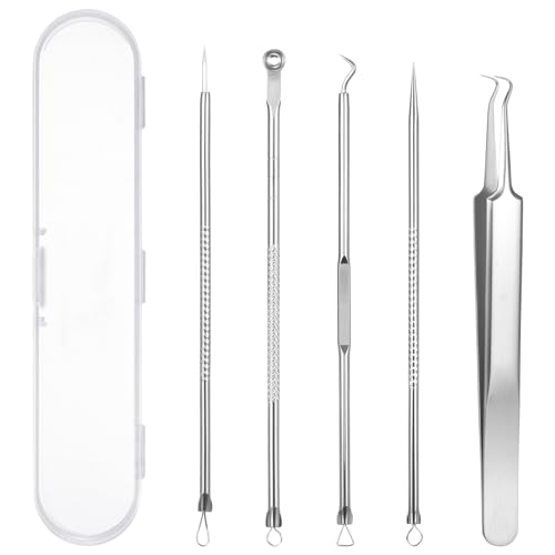 Coptiner Juego de 5 herramientas para eliminar puntos negros, pinzas curvadas, agujas de acné, puntas blancas, comedones, extractoras, espinillas, limpiador de puntos negros de acero inoxidable con