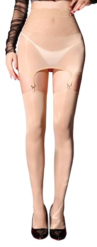 Image of FEOYA Women's Oil Shiny Lace Top Garter Pantyhose with Shimmer Thigh High Stockings Suspender Tights Hosiery (No Thong)