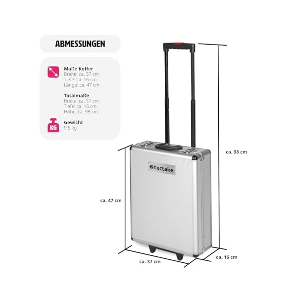 tectake® Werkzeug Set im Aluminium Koffer, Werkzeugkoffer gefüllt 799-tlg., Tool Werkzeugwagen fahrbar, Trolley mit 3 Ebenen und Teleskopgriff, Werkzeugkiste groß für Profi und Haushalt - silber – Bild 3