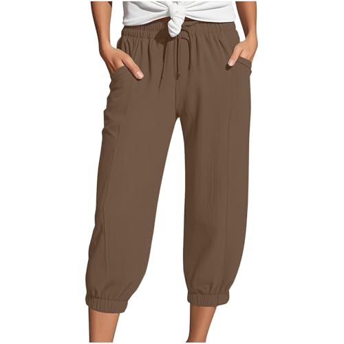 Pantalones de lino para mujer, talla grande, cintura elástica, pantalones recortados con cordón, pantalones capri casuales, lisos, sueltos, pantalones de descanso, ligeros, pantalones deportivos para