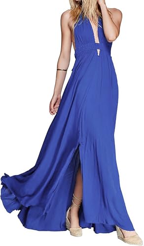 Image of R.Vivimos Boho Maxi Dresses for Women 2026 Summer Sleeveless Halter Elastic Waist Sexy Backless Front Slit Flowy Long Dresses