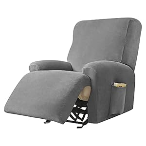 Highdi Housse de Fauteuil Relax Doux Velours Extensible, 4 Pièce Housse de Canapé Antidérapante avec Poche Latérale, Protege de Meubles Lavable pour 1 Places Fauteuil Inclinable (Gris foncé)