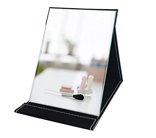 Image of Folding Round Compact Mirror - PU Leather Vanity with Stand for Desk, Camping, Travel - Personal Tabletop HandMirror - Princess Square Makeup