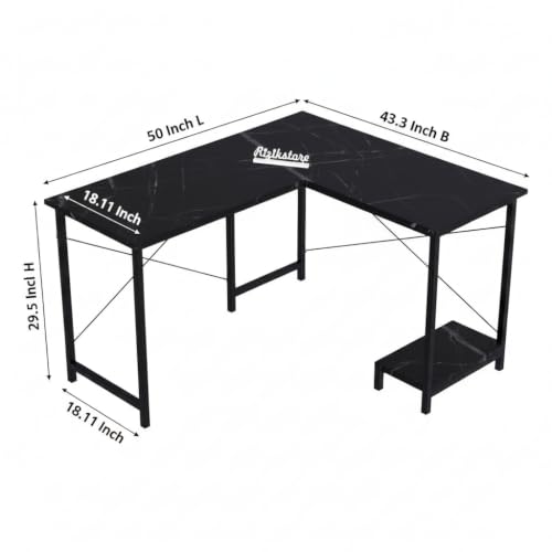 Image of RIZIK Store L-Shaped Computer Desk | 50-Inch Corner Gaming & Study Table with Engineered Wood Top, Metal Frame & CPU Shelf | Writing Workstation for Bedroom, Office & Small Rooms (Black)