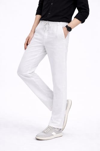 Image of Men's Linen Pants, White, Straight Fit, Elastic Waistband with Drawstring, Casual Trousers