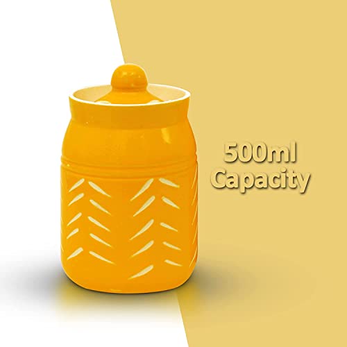 SHRIYAM CRAFTS Ceramic Jar with Lid Unique Design Food Storage Container in Yellow (jar yellow 500ml pack of 2)