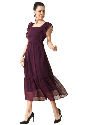 Image of IUGA Georgette Jacquard Butti Square Neck Knee Length Western Dresses for Women