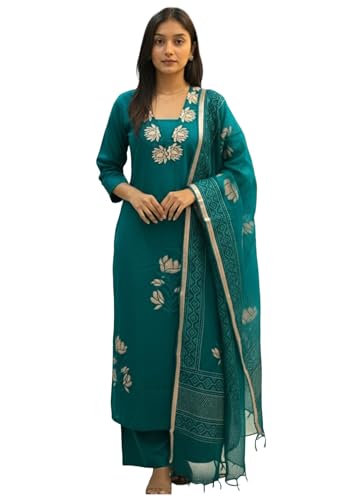 ANNI Designer Women's Rayon Viscose Straight Printed Embroidery Kurta with Pant and Dupatta (Dare RAMA_XL_Rama_X-Large)