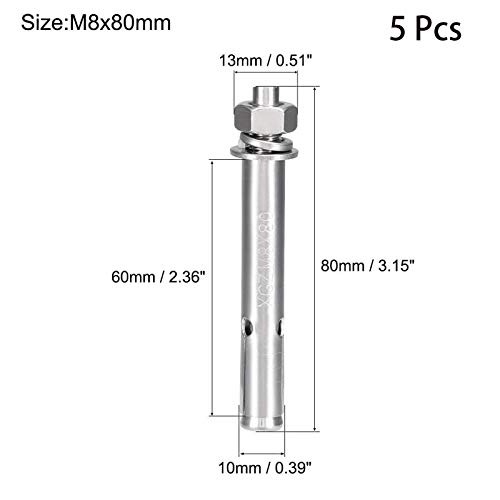 Image of 5 Pcs M8 x 80mm 304 Stainless Steel Expansion Bolt External Hex Expansion Screw Bolt Sleeve Anchor,Pool Safety Cover Expansion Bolts,for Concrete