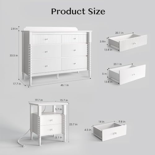 Image of JOINICE White Dresser and Nightstand Set for Bedroom, Jenny Lind Spindle