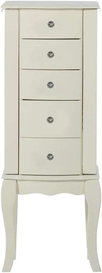 Pemberly Row Contemporary Wood Jewelry Armoire, 13"w x 9.5"d x 35.5"h, White Finish, Solid Wood and MDF Construction, Crystal Drawer Pulls, Plush Pink Lining, Bedroom Storage Organizer for Accessories