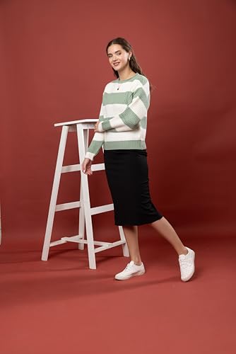 Image of Wear lusso Women's 100% Wool Color Block Stripe Full Sleeve Round Neck Pullover Sweater | Winter Season Fashion