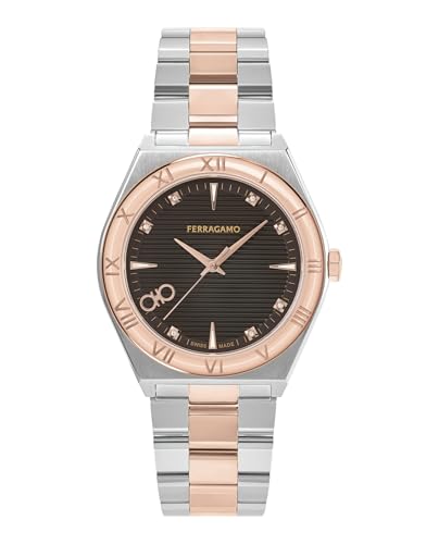 Ferragamo Vega Upper East Collection Luxury Mens Watch Timepieces with a Two Tone Bracelet and Case Featuring a Brown Dial