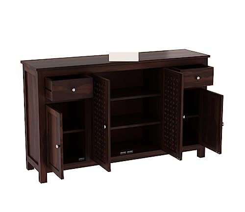 Image of Solid Sheesham Wood Wooden Sideboard Storage Cabinet : Ideal for Living Room and Bedroom with 2 Drawers and 7-Shelf Storage (Mendes, Walnut Finish)