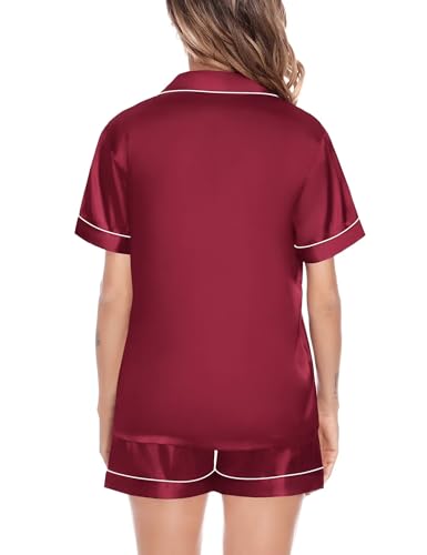 Image of SWOMOG Satin Matching Pajamas Sets Couple Silk Button Down Nightwear Women & Men Short Sleeve Sleepwear 2 Pieces Loungewear