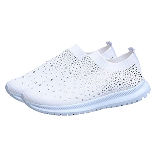 Womens Rhinestone Casual Athletic Running Sneakers Lightweight Breathable Slip On Walking Shoes Womens Casual Walking Sneakers Lightweight Breathable Flat Knit Mesh Comfortable Work Shoe White #TOP30