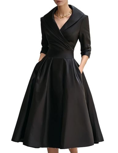 Vintage Black Satin Midi Dress with Draped Collar,Long Sleeves,A-Line Skirt,Elegant Cocktail,Evening Wear