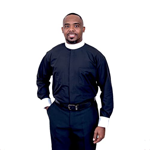 Mens Long Sleeve Standard Cuff Full Neckband Collar with Contrast Cuff Clergy Shirt | Black