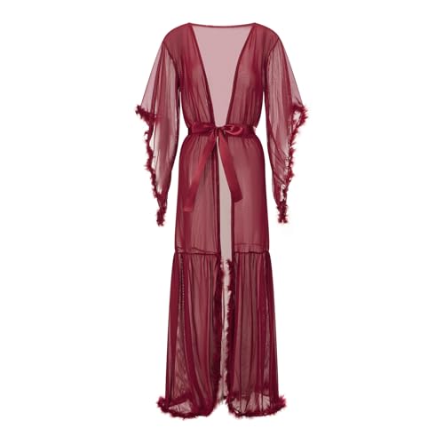 FeMereina Bata de tul transparente para mujer, bata larga de encaje para novia, talla grande, camisón de novia elegante con cinturón, rojo vino, Altoa única