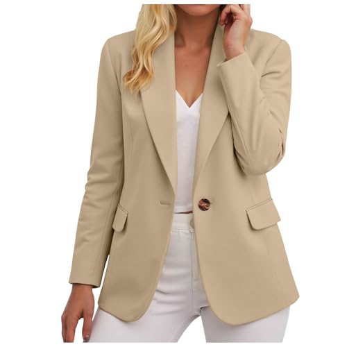 ECUNGWUA Blazer Femme Chic et Elegant Veste Manches Longues Classique Travail Blazers Décontracté Couleur Unie Tailleur Hauts Slim Fit Grande Taille Manteau (Beige, M)