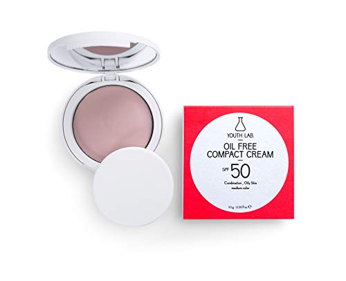 YOUTH LAB Oil Free Compact Cream for Combination and Oily Skin - Makeup Foundation for Face with SPF50 Sunscreen Protection- Facial Matte Finish Coverage Sun Block Cream with Sponge - Medium Color