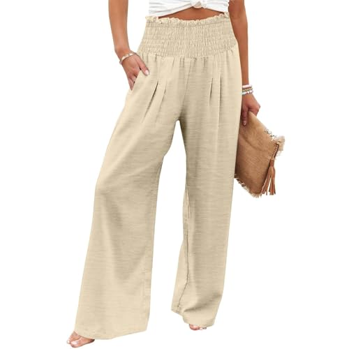 Linen Pants Women Drawstring Waist Wide Leg Linen Pants High Waist Summer Casual Pants Pockets Vacation Beach Trousers3