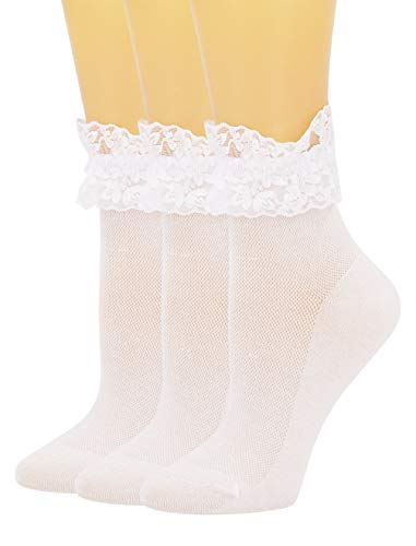 SEMOHOLLI Women Lace Ankle Socks Ruffle Frilly Cotton Socks Trim Lace,Anklet socks Dress Socks Women or Girls (3 Pairs-white)