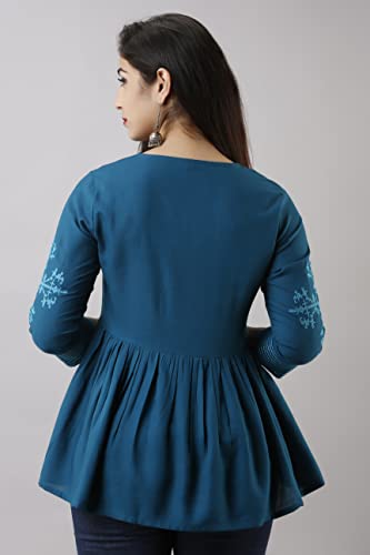 Image of Shiva Fab Short Kurti for Women | Embroidered Straight Rayon Kurta | Round Neck Full Sleeves Short Kurti for Women's