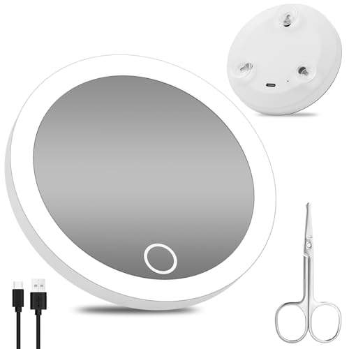 Specchio ingranditore 30x con luce, 10,2 cm, ingrandimento 30x, con 3 ventose, piccolo specchio da viaggio con luce, ad alto ingrandimento, compatto con set di forbici