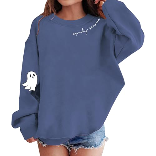 Teen Girls Crew Neck Sweatshirts Halloween Cute Ghost Pullover Sweater Kids Knit Cuffs Long Sleeve Sweatshirts Clothes