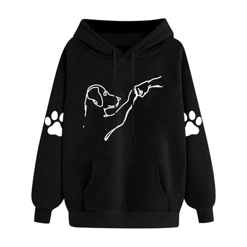 KOG Hoodie für Damen Baumwolle Sweatshirt mit Kapuze Hunde-Drucken Hoodies 2025 Hooded Sweatshirt Frau Oberteile Casual Pullover Mode Frauen Elegante Locker Oberteil Bekleidung Schwarz L