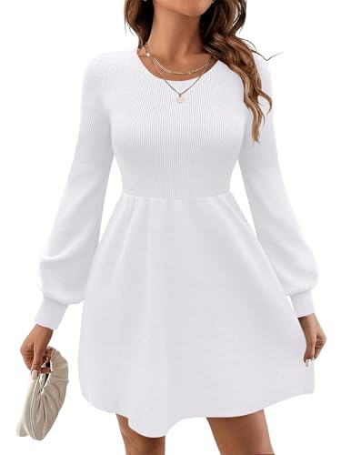 Zeagoo Strickkleid Damen Langarm Rundhals Kleider Puffärmel Hoch Tailliert Pulloverkleid Casual Einfarbig Winterkleid Elegant Herbstkleid für Damen...