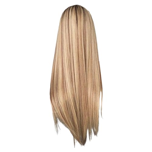Perruque droite ombre hair longue de 65cm lisse châtain et blond racine foncée pour femme