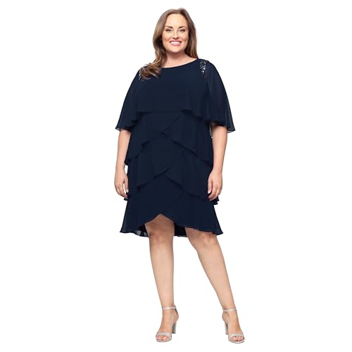 Image of S.L. Fashions Women's Plus Size Tiered Chiffon Cocktail Party Dress with Attached Cape & Beaded Shoulders