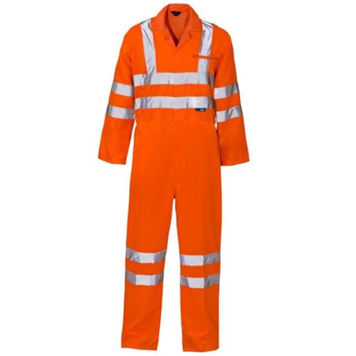 Hi Vis Coverall Reflective Overall Boiler Suit Workwear Pockets Zip Orange Mens (UK, Alpha, L, Regular, Regular, Orange)