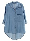 Minibee Women's Casual Cotton Linen Blouse Plus Size High Low Shirt Long Sleeve Tops Denim Blue