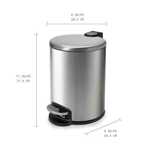 Image of ACENTO Step Bin, 1.3 Gallon / 5 Liter Round Trash Can, Soft-Close Lid with Removable Inner Bucket & Steel Pedal, Freestanding Bathroom Waste Bin, Brushed Stainless Steel